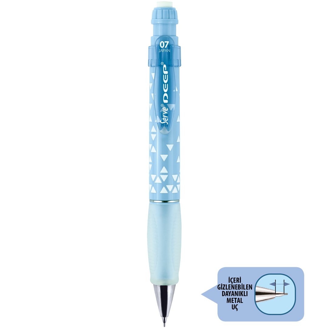 SERVE Deep Üçgen Baskılı Mekanik Kurşun Kalem 0.7 mm (Uçlu Kalem), Gök Mavi