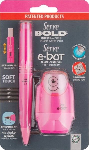 SERVE Bold 0.7 mm Versatil Uçlu Kalem ve E-Bot Silgili Kalemtıraş Seti 2'li, Pembe