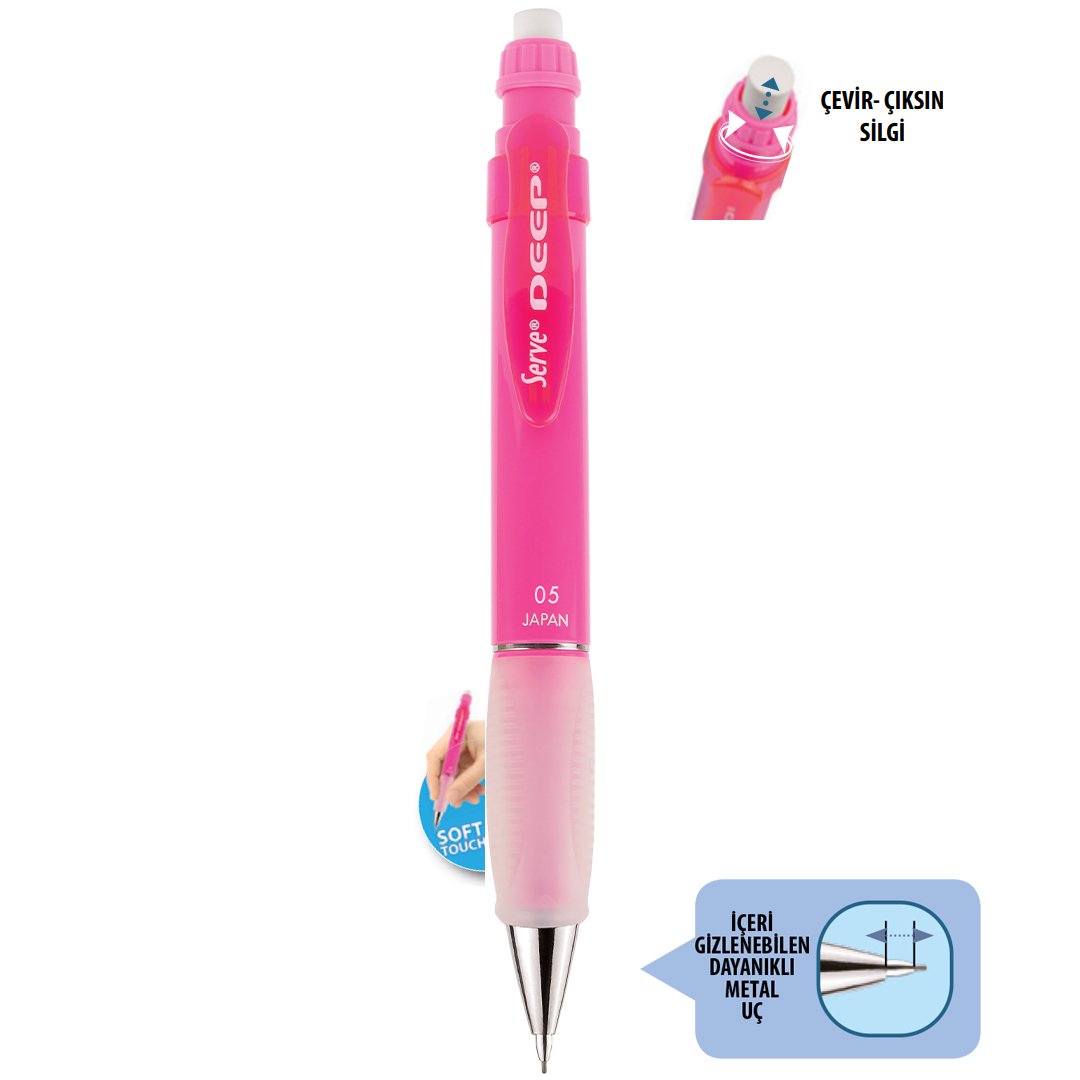 SERVE Deep NEON Mekanik Kurşun Kalem 0.5 mm (Uçlu Kalem), Neon Pembe