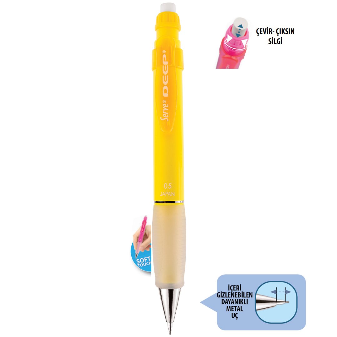 SERVE Deep NEON Mekanik Kurşun Kalem 0.5 mm (Uçlu Kalem), Neon Sarı