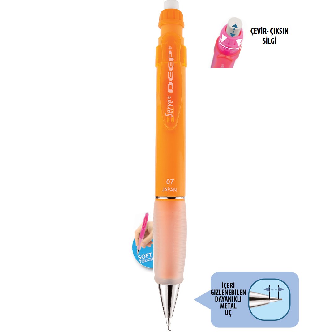SERVE Deep NEON Mekanik Kurşun Kalem 0.7 mm (Uçlu Kalem), Neon Turuncu