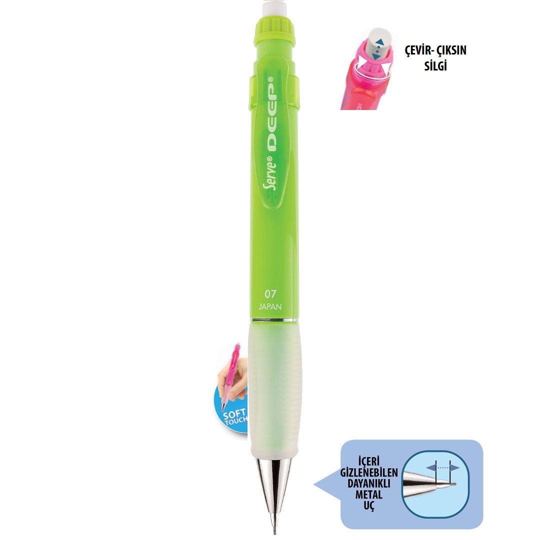 SERVE Deep NEON Mekanik Kurşun Kalem 0.7 mm (Uçlu Kalem), Neon Yeşil