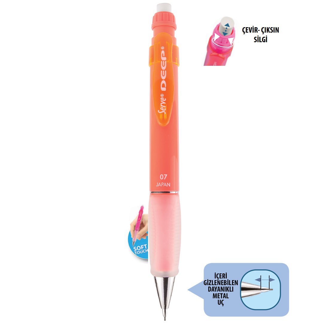 SERVE Deep NEON Mekanik Kurşun Kalem 0.7 mm (Uçlu Kalem), Neon Kırmızı