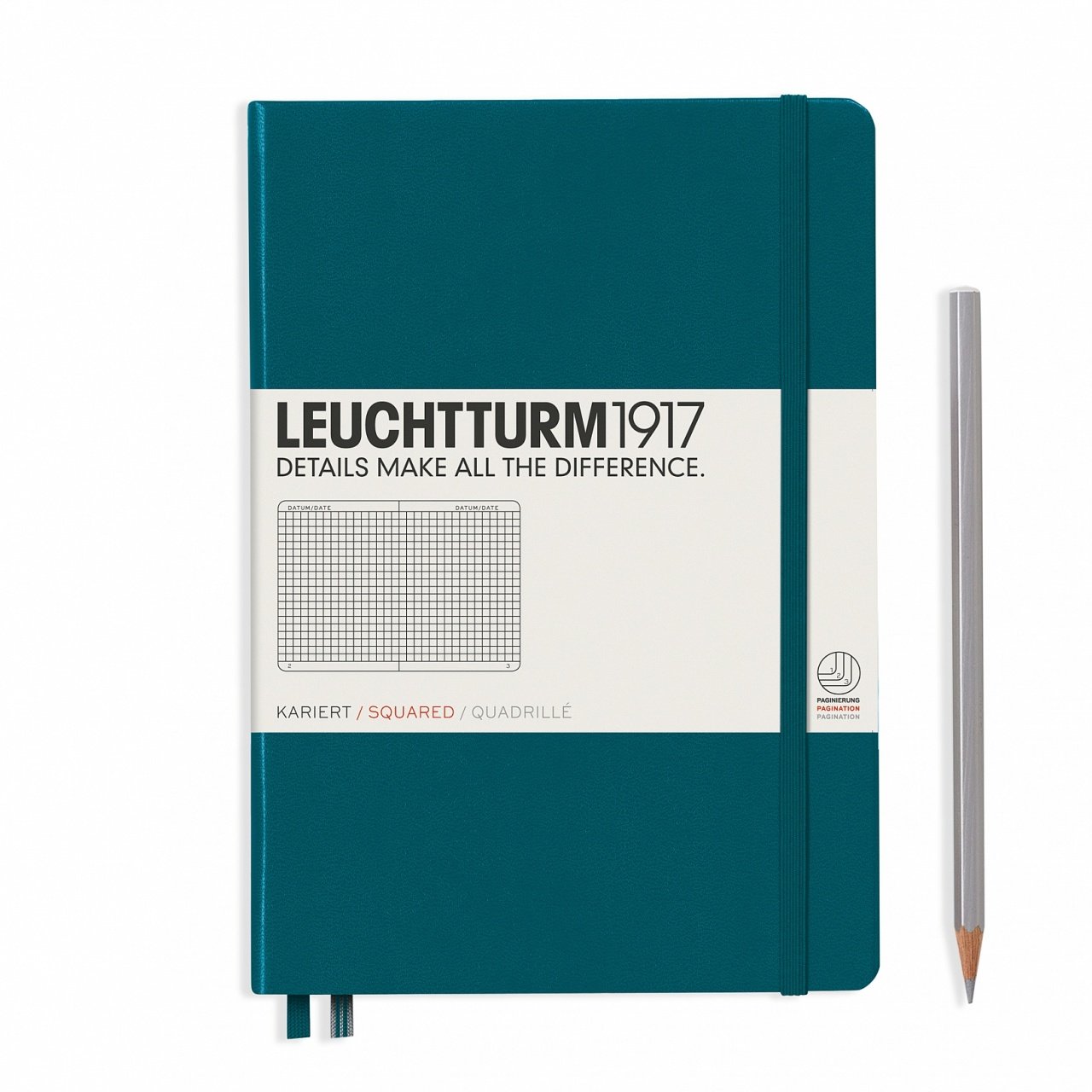 Leuchtturm1917 Not Defteri Orta Boy (A5), Sert Kapak, 249 Numaralandırılmış Sayfa, Pasifik Yeşili - Kareli