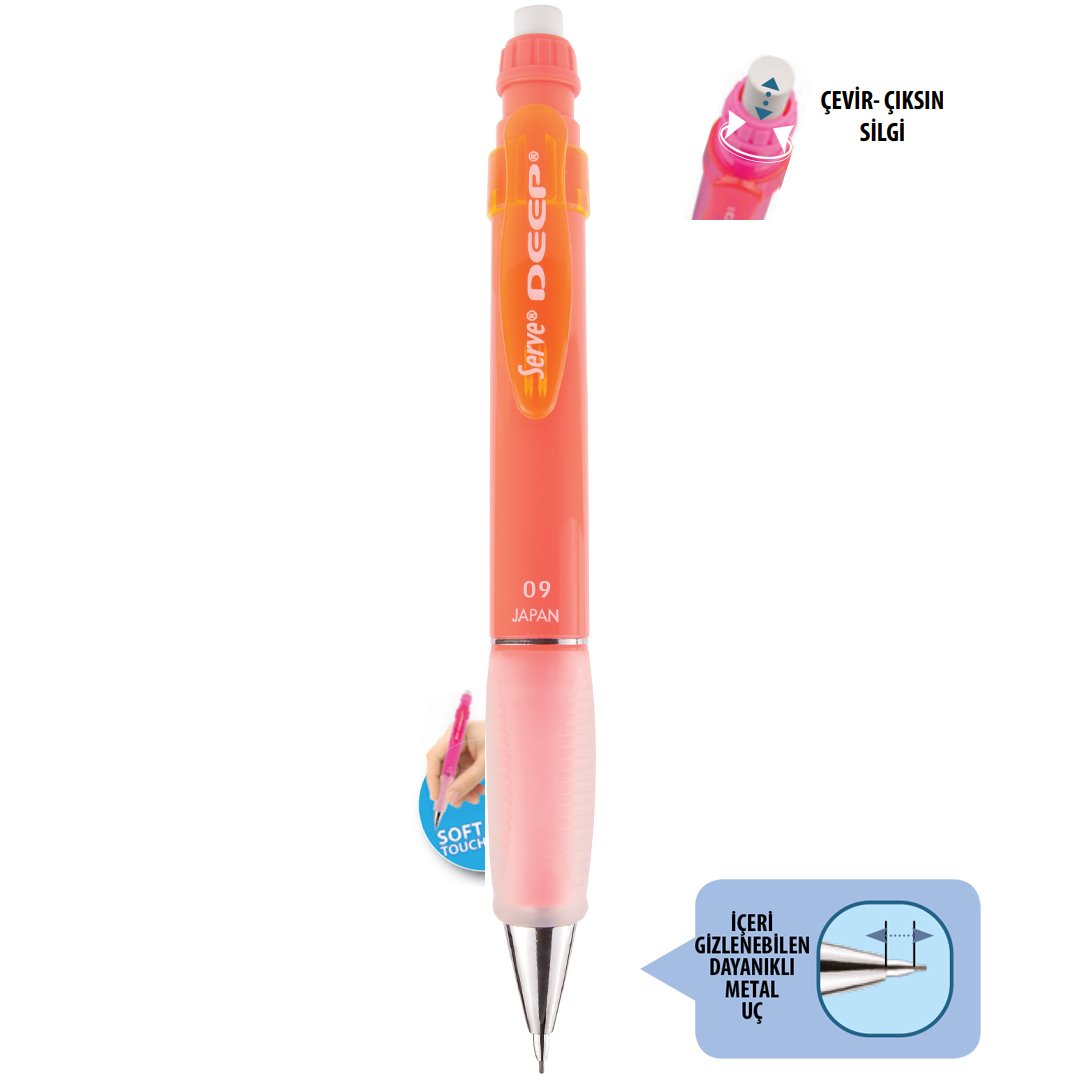 SERVE Deep NEON Mekanik Kurşun Kalem 0.9 mm (Uçlu Kalem), Neon Kırmızı