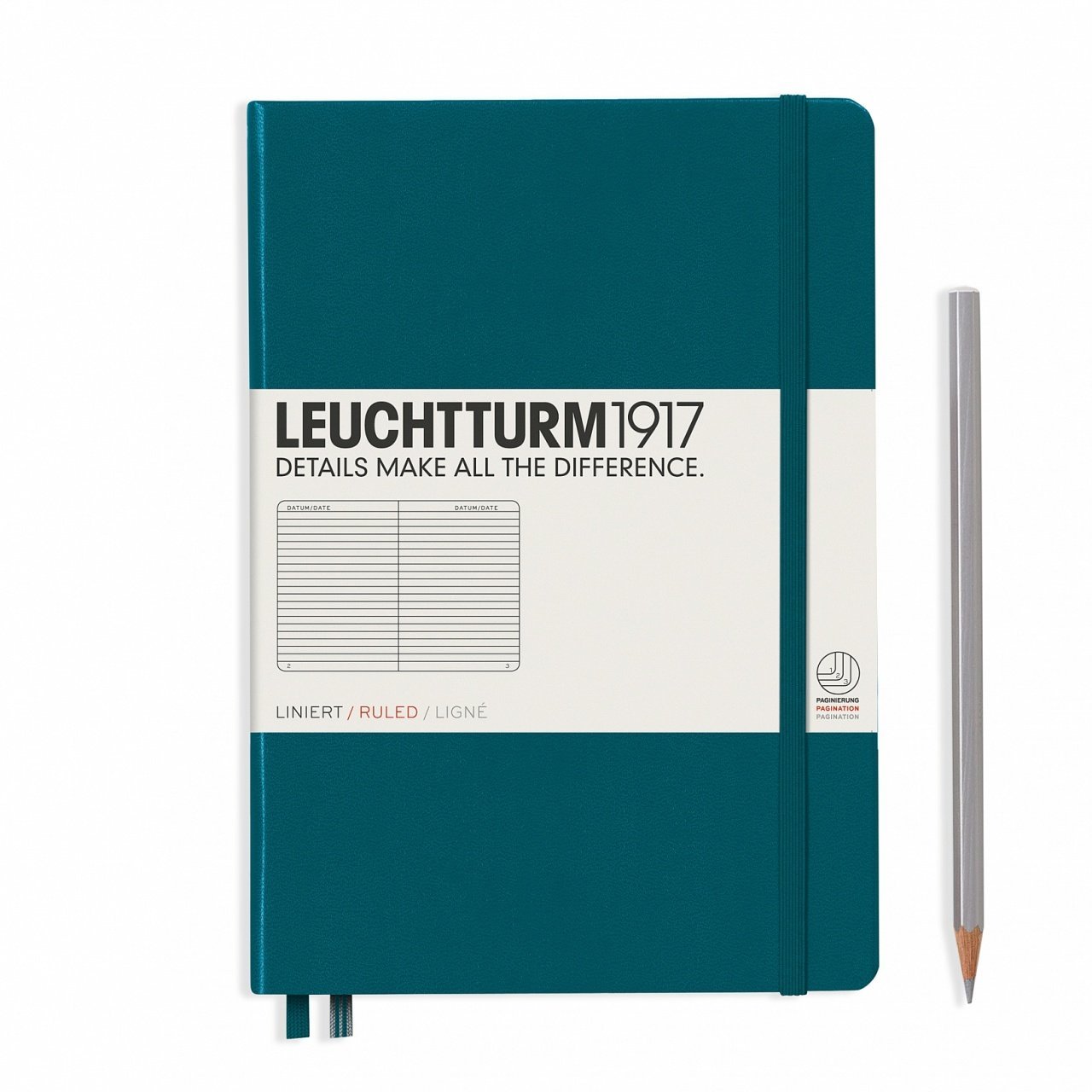 Leuchtturm1917 Not Defteri Orta Boy (A5), Sert Kapak, 249 Numaralandırılmış Sayfa, Pasifik Yeşili - Çizgili