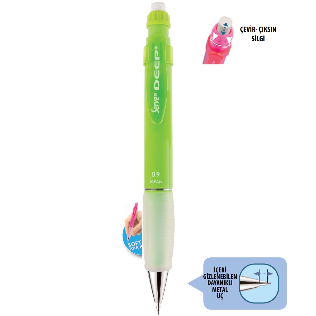 SERVE Deep NEON Mekanik Kurşun Kalem 0.9 mm (Uçlu Kalem), Neon Yeşil