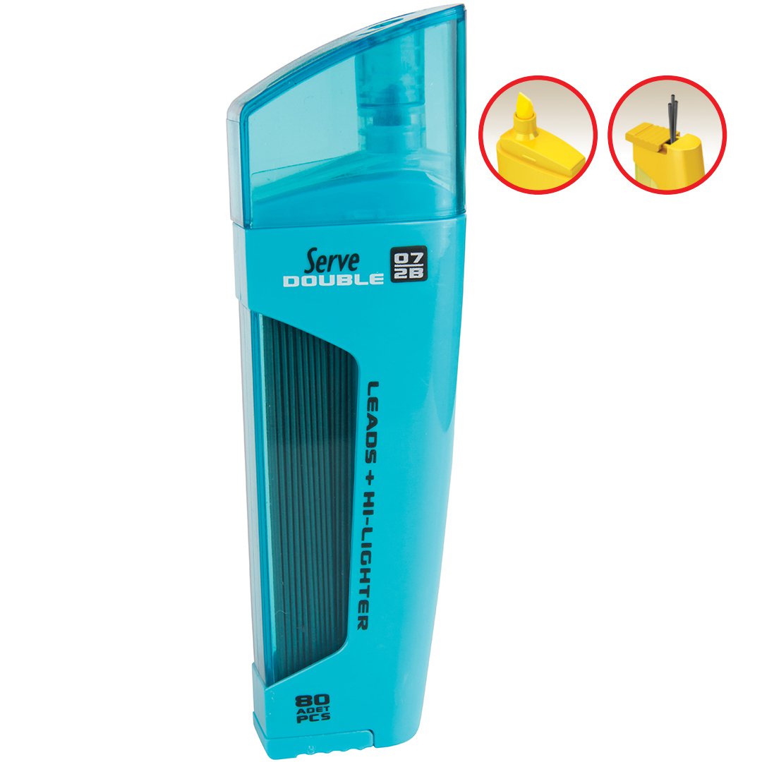 SERVE Double Mekanik Kurşun Kalem Ucu 0.7 mm + Fosforlu Kalem, Mavi