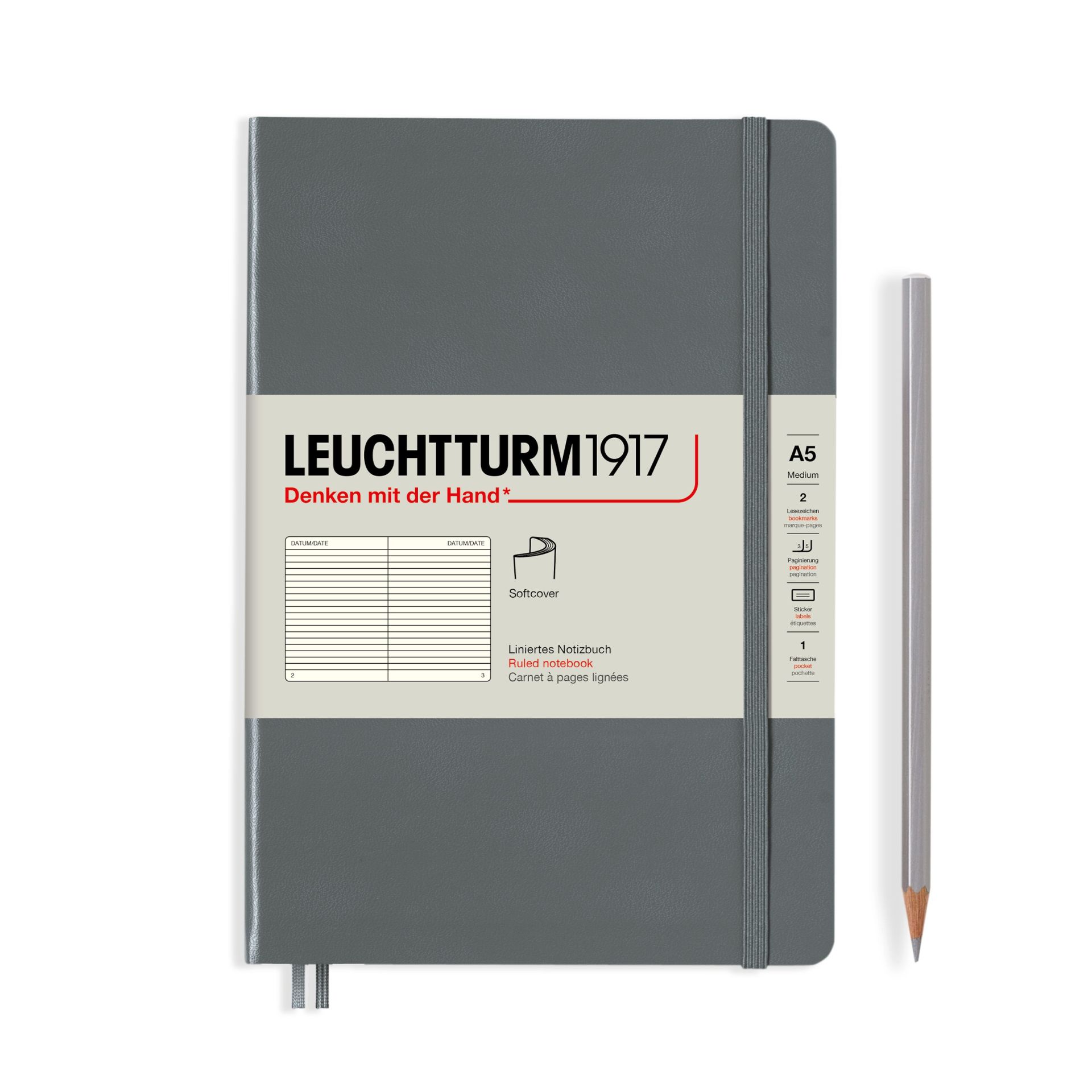 Leuchtturm1917 Not Defteri Orta Boy (A5), Yumuşak Kapak, 121 Numaralandırılmış Sayfa, Antrasit Gri - Çizgili