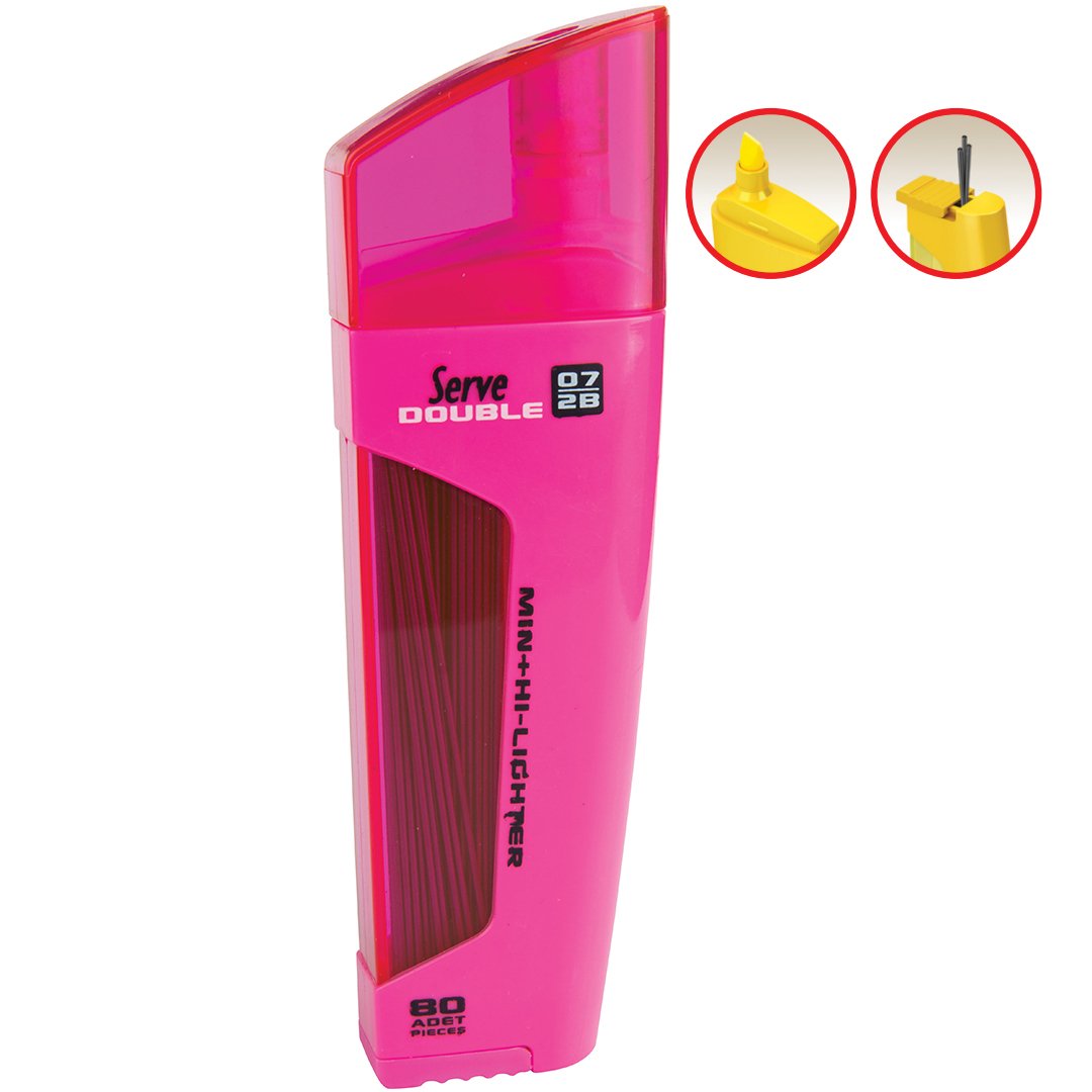 SERVE Double Mekanik Kurşun Kalem Ucu 0.7 mm + Fosforlu Kalem, Pembe
