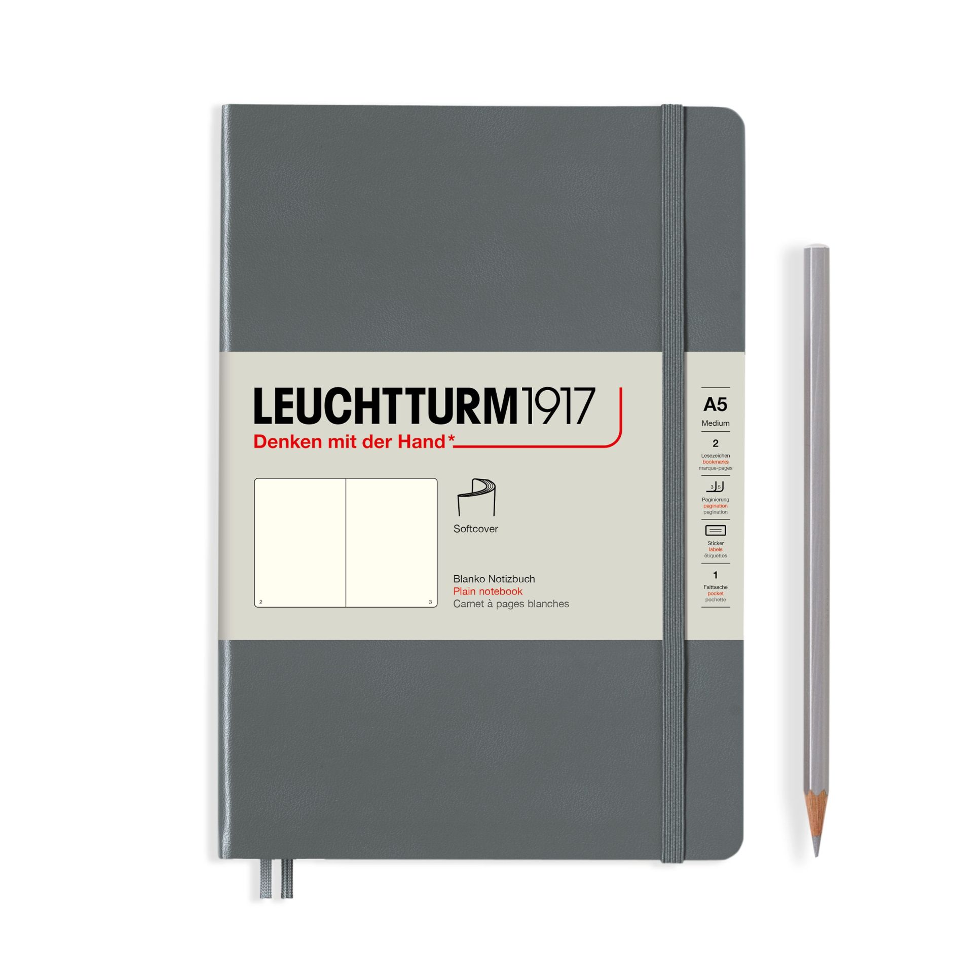 Leuchtturm1917 Not Defteri Orta Boy (A5), Yumuşak Kapak, 121 Numaralandırılmış Sayfa, Antrasit Gri - Düz