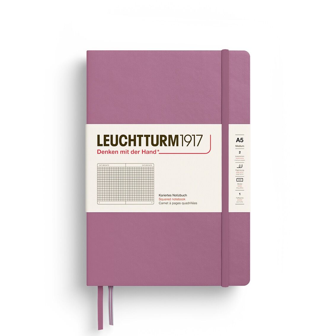 Leuchtturm1917 Not Defteri Orta Boy (A5), Sert Kapak, 251 Numaralandırılmış Sayfa, Tozlu Gül - Kareli