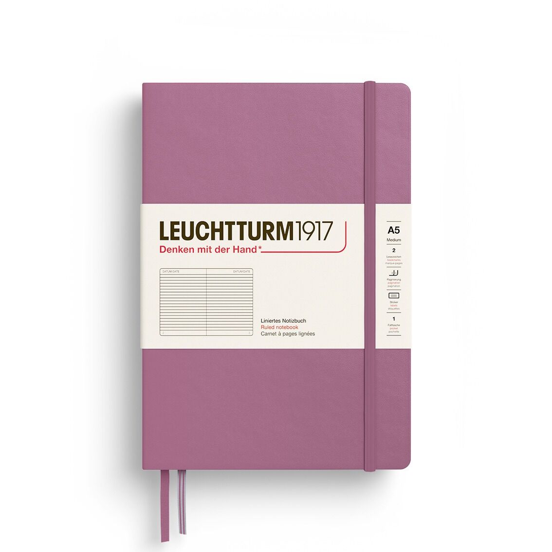 Leuchtturm1917 Not Defteri Orta Boy (A5), Sert Kapak, 251 Numaralandırılmış Sayfa, Tozlu Gül - Çizgili
